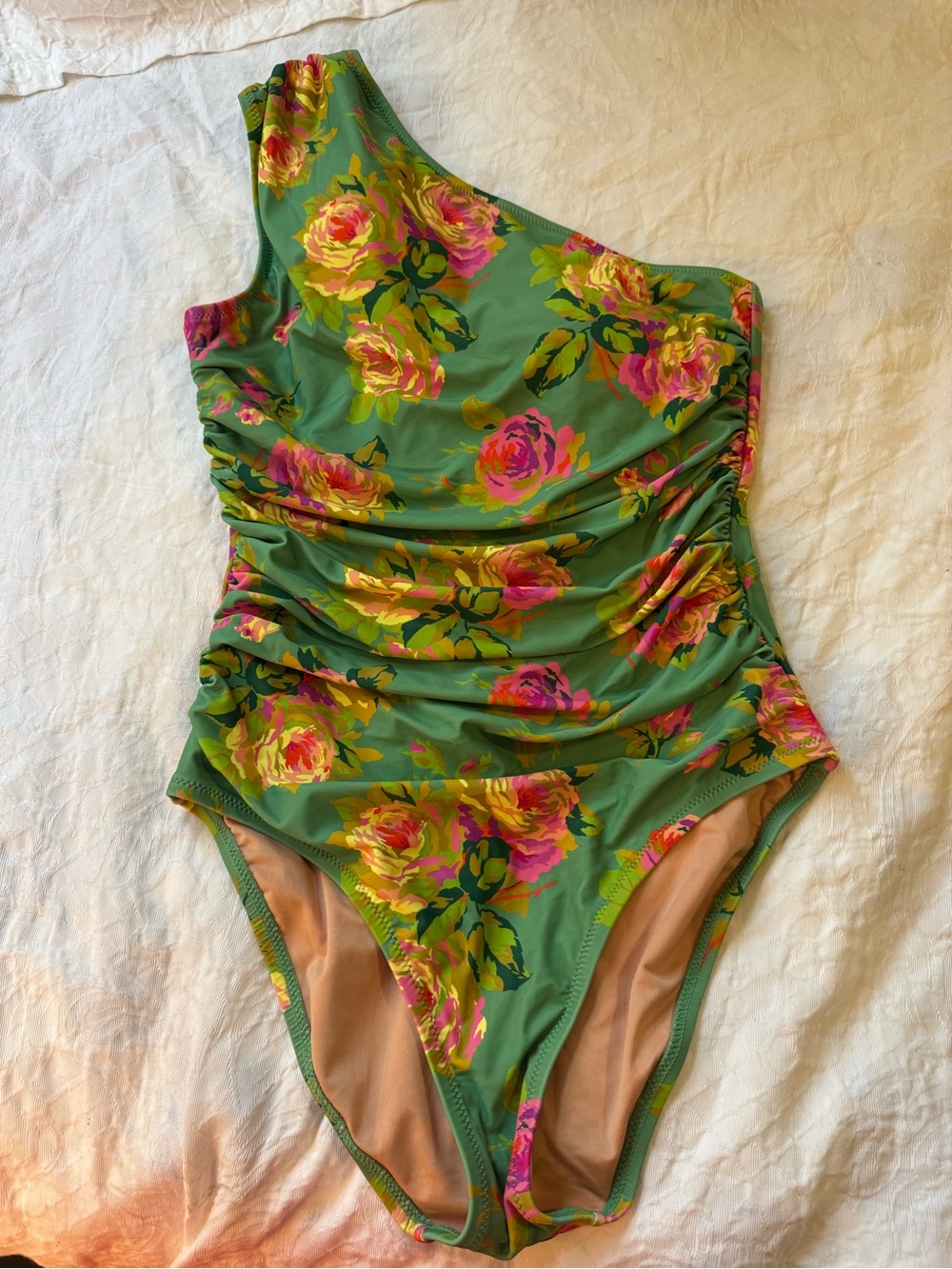 J.Crew One Shoulder Floral One Piece Swimsuit Womens 6 Green Ruched Recycled